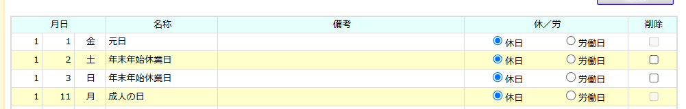 ■労働日の一覧で元日と年末年始休業日の休/労が休日になっている画面